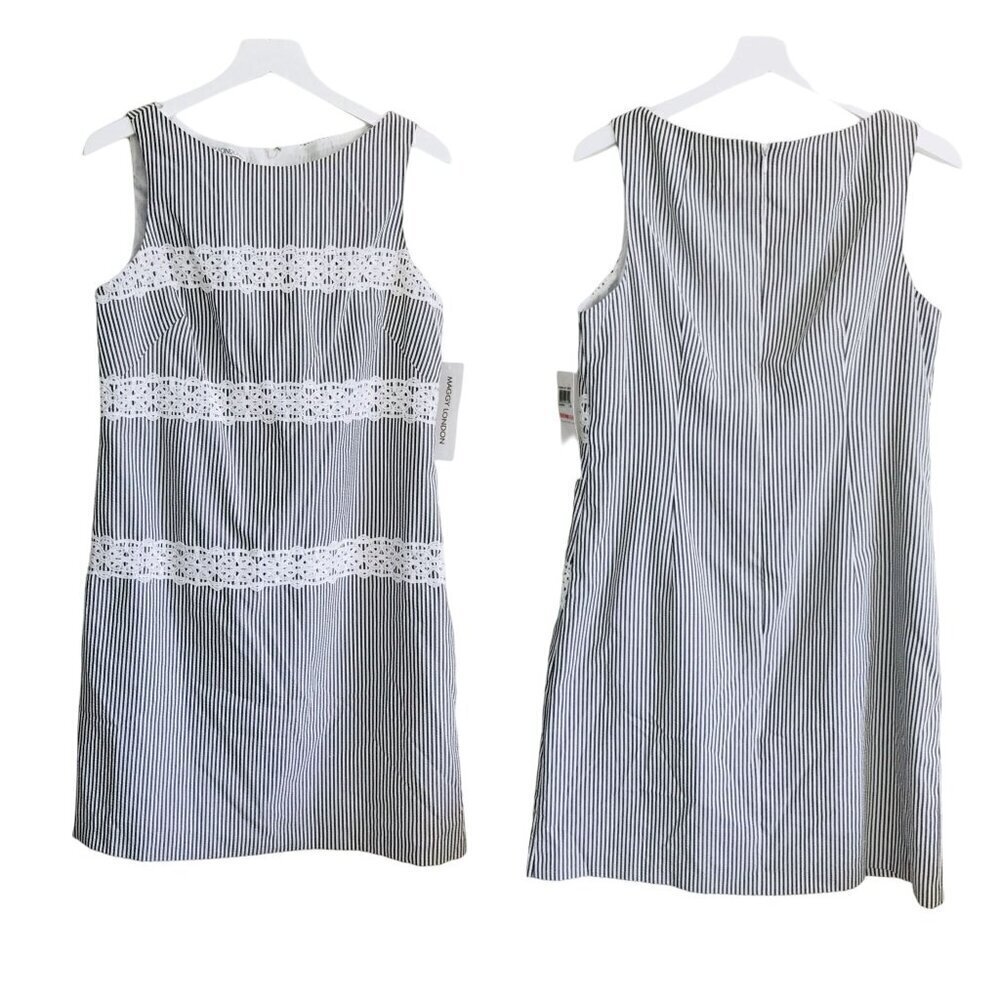 NWT Maggy London Striped Lace Trim Dress, size 10, Gray/white